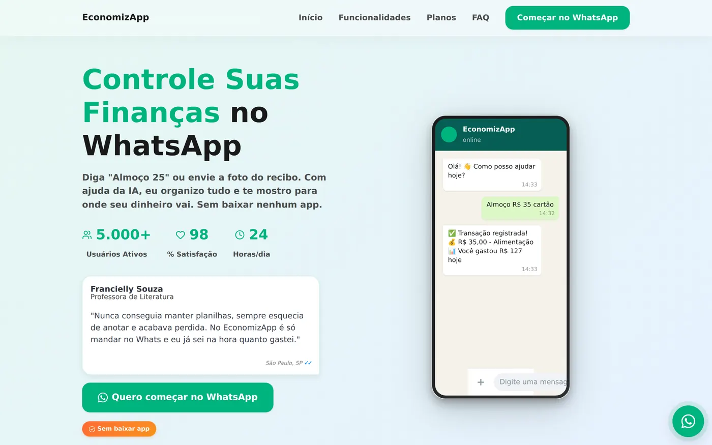 Página inicial do EconomizApp no computador, com a manchete, os números do produto e uma conversa de WhatsApp num telemóvel ao lado.