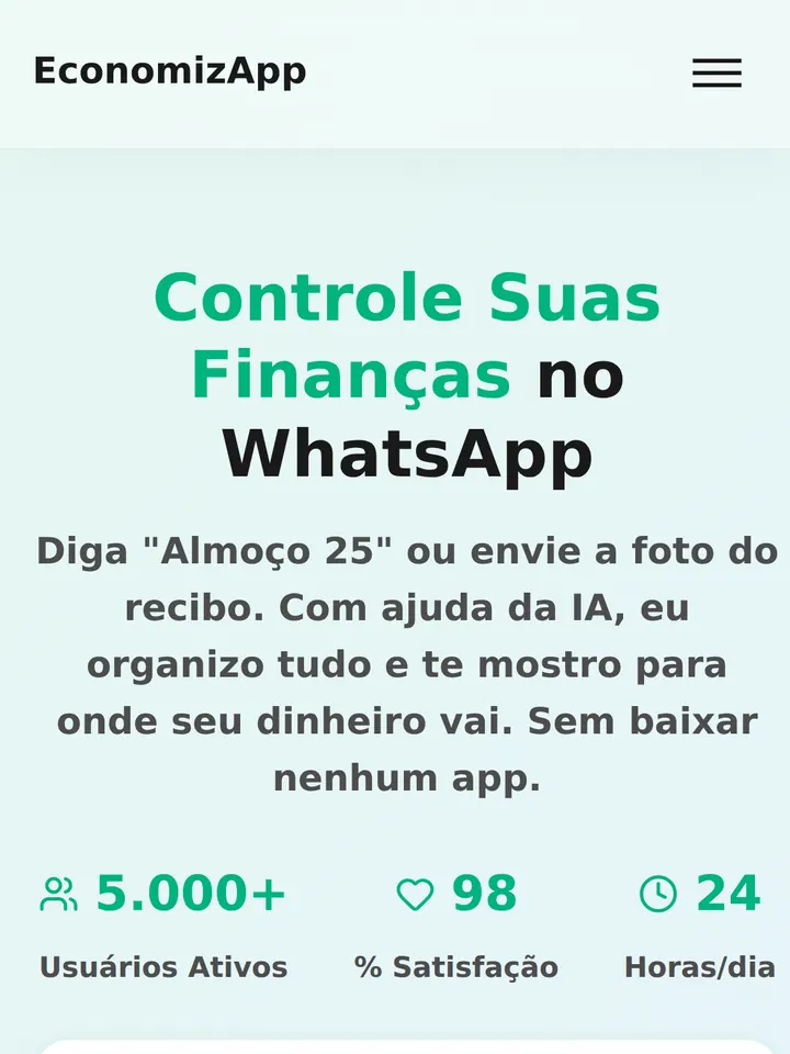 A mesma página no telemóvel, com o botão de começar no WhatsApp à vista.